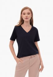 Granatowa koszulka z dekoltem w serek T-LEA. Niebieskie t-shirty damskie Volcano, m, bez wzorów, z bawełny, bez ramiączek. Za 54.99 zł.