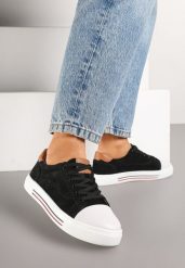 Czarne Skórzane Trampki na Płaskiej Podeszwie ze Skórzaną Wkładką i Kontrastowym Noskiem Helili. Czarne trampki i tenisówki damskie Born2be, bez wzorów, z jeansu. Za 79.99 zł.