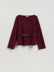 Sweter z paskiem - bordowy. Czerwone swetry klasyczne damskie Reserved, l, z dzianiny, bez kołnierzyka. Za 139.99 zł.