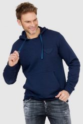 EMPORIO ARMANI Granatowa bluza męska z kapturem i logo. Niebieskie bluzy z kapturem męskie Emporio Armani, l, prążkowane. W wyprzedaży za 359.99 zł.