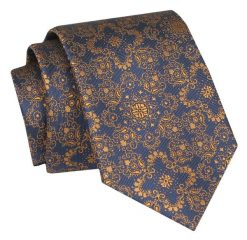 Krawat - ALTIES - Ciemnozłoty, Orientalny Wzór. Niebieskie krawaty i muchy męskie Alties, bez wzorów, z tkaniny, eleganckie. Za 49.00 zł.