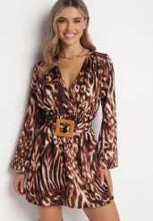 Brązowa Rozkloszowana Sukienka Mini z Paskiem Siressi. Brązowe sukienki damskie Born2be, na co dzień, l, bez wzorów, eleganckie, bez kołnierzyka, bez ramiączek, mini, dopasowane. Za 109.99 zł.