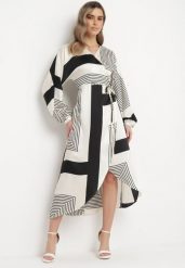 Beżowo-Czarna Sukienka Kopertowa Kimono z Geometrycznym Wzorem i Wiązanym Paskiem Klerossa. Brązowe sukienki damskie Born2be, l, bez wzorów, bez kołnierzyka, bez ramiączek, midi, kopertowe. W wyprzedaży za 127.99 zł.