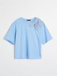 Bawełniana koszulka z ozdobną kokardą - Inny. T-shirty damskie Sinsay, l, bez wzorów, z bawełny, bez kołnierzyka. Za 25.99 zł.