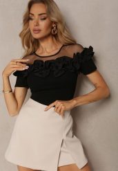 Czarna Bluzka z Bawełny z Krótkim Rękawem Ozdobiona Falbanką i Siateczką Minalia. Czarne bluzki damskie Renee, s, bez wzorów, z bawełny, biznesowe, bez kołnierzyka, bez ramiączek. Za 69.99 zł.