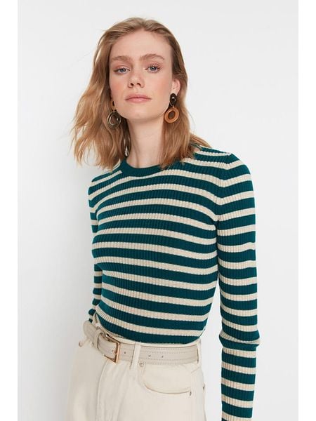 Trendyol Sweter w kolorze ciemnozielono-kremowym rozmiar: L. Brązowe swetry klasyczne damskie Trendyol, l, bez kołnierzyka. Za 52.99 zł.