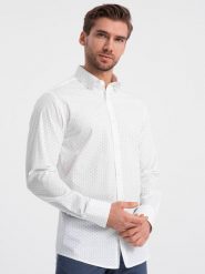 Klasyczna męska bawełniana koszula SLIM FIT w mikro wzór - biała V1. Białe koszule męskie Ombre Clothing, m, bez wzorów, z bawełny, bez kołnierzyka, bez ramiączek. W wyprzedaży za 69.99 zł.