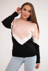 Sweter w geometryczne wzory pudrowy róż+czarny. Czarne swetry klasyczne damskie KESI, na zimę, l, z wełny, bez kołnierzyka, plus size. Za 158.92 zł.