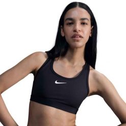 Damskie koszulka wszyte wkładki W NK SWSH MED SPT BRA. Czarne topy sportowe damskie Nike, s, bez wzorów, z materiału, bez ramiączek. Za 185.85 zł.