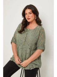 Curvy Lady Bluzka w kolorze khaki rozmiar: 48/50. Brązowe bluzki damskie Curvy Lady, bez wzorów, z koronki, klasyczne, bez kołnierzyka, bez ramiączek. Za 118.84 zł.