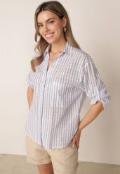 Niebieska Bawełniana Koszula w Paski z Regulacją przy Rękaach Zeleanor. Niebieskie koszule damskie Born2be, m, bez wzorów, z bawełny, klasyczne, bez kołnierzyka, bez ramiączek. Za 79.99 zł.
