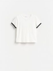 T-shirt z ozdobną koronką - złamana biel. T-shirty damskie Reserved, l, bez wzorów, z bawełny, bez kołnierzyka. Za 69.99 zł.