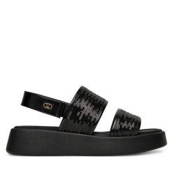 Sandały Liu Jo. Czarne sandały damskie Liu Jo, bez wzorów, bez obcasa, na płaskiej podeszwie. Za 349.99 zł.