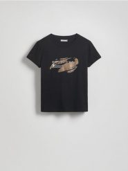 T-shirt z nadrukiem - czarny. Czarne t-shirty damskie Reserved, l, bez wzorów, z bawełny, bez kołnierzyka. W wyprzedaży za 39.99 zł.