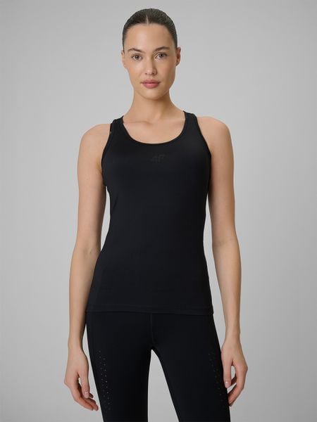 4F Top treningowy slim szybkoschnący damski - czarny XL. Czarne topy damskie 4f, xl, bez wzorów, ze skóry, bez ramiączek. Za 69.99 zł.