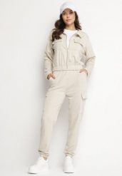 Jasnobeżowy Komplet Dresowy Cargo Bluza i Spodnie z Kieszeniami Kormilla. Brązowe bluzy bez kaptura damskie Born2be, m, z dresówki. Za 84.99 zł.