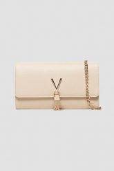 VALENTINO Beżowa kopertówka Divina Pochette. Brązowe torebki wieczorowe Valentino by Mario Valentino, bez wzorów, bez kołnierzyka, bez ramiączek. W wyprzedaży za 258.99 zł.