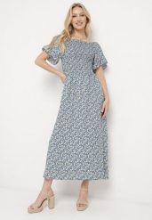 Niebieska Bawełniana Sukienka w Kwiatki z Hiszpańskim Elastycznym Dekoltem Bleriama. Niebieskie sukienki damskie Born2be, na randkę, l, bez wzorów, z bawełny, eleganckie, bez kołnierzyka, bez ramiączek, maxi. W wyprzedaży za 43.99 zł.