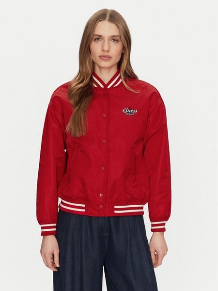 Guess Jeans Kurtka bomber W5RL43 WHAA2 Czerwony Regular Fit. Czerwone kurtki damskie Guess Jeans, s, z aplikacjami, z jeansu, bez kaptura. Za 359.99 zł.