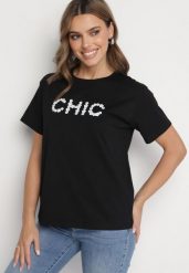 Czarny T-shirt Bawełniany z Napisem i Perełkami Nalinor. Czarne t-shirty damskie Born2be, m, bez wzorów, z bawełny, bez kołnierzyka. Za 34.99 zł.