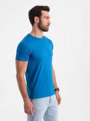 Męski klasyczny bawełniany T-shirt BASIC - niebieski V12 OM-TSBS-0146 - XXL. Niebieskie t-shirty męskie Ombre Clothing, l, bez wzorów, z bawełny, bez kołnierzyka. W wyprzedaży za 24.99 zł.