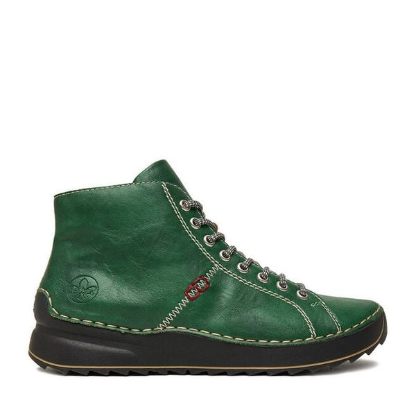 Botki Rieker. Zielone botki damskie Rieker, bez obcasa, na płaskiej podeszwie, bez zapięcia. Za 299.99 zł.