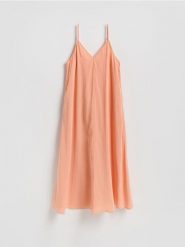 Sukienka z modalem - jasnopomarańczowy. Brązowe sukienki damskie Reserved, l, bez wzorów, z tkaniny, bez kołnierzyka, bez ramiączek, rozkloszowane. Za 139.99 zł.