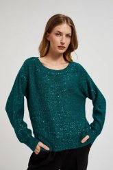 Sweter z cekinami i okrągłym dekoltem zielony. Zielone swetry klasyczne damskie MOODO, l, z elastanu, bez kołnierzyka. W wyprzedaży za 55.98 zł.