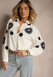 Beżowa Koszula z Bawełny Ozdobiona Haftem Erisienna. Brązowe koszule damskie Renee, na lato, l, z aplikacjami, z bawełny, eleganckie, bez kołnierzyka, bez ramiączek. Za 89.99 zł.