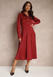 Bordowa Koszulowa Sukienka o Rozkloszowanym Kroju z Gumką w Pasie i Imitacją Kieszeni Etaviela. Czerwone sukienki damskie Renee, na co dzień, l, bez wzorów, eleganckie, bez kołnierzyka, bez ramiączek, midi, kopertowe. W wyprzedaży za 125.99 zł.