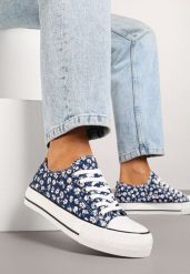Granatowe Trampki z Niską Cholewką w Kwiatowy Wzór Addmiria. Niebieskie trampki i tenisówki damskie Renee, bez wzorów, z jeansu, przed kostkę. Za 49.99 zł.