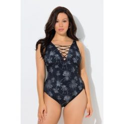 Damskie Kostium kąpielowy palmy miękkie miseczki wiązanie z recyklingu. Czarne stroje jednoczęściowe damskie Ulla Popken, plus size, bez wzorów, plus size. Za 239.99 zł.