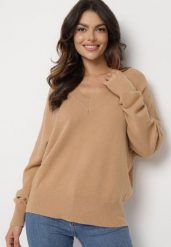Ciemnobeżowy Sweter z Dekoltem w V z Domieszką Kaszmiru Mariara. Brązowe swetry klasyczne damskie Born2be, uniwersalny, z jeansu, bez kołnierzyka. Za 109.99 zł.