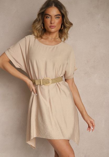 Beżowa Sukienka o Pudełkowym Kroju z Dłuższymi Bokami Redenise. Brązowe sukienki damskie Renee, na co dzień, l, bez wzorów, z jeansu, bez kołnierzyka, bez ramiączek, mini, oversize. Za 54.99 zł.