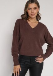 Brązowy Sweter z Dekoltem w V z Domieszką Kaszmiru Mariara. Brązowe swetry klasyczne damskie Born2be, uniwersalny, z jeansu, bez kołnierzyka. Za 109.99 zł.