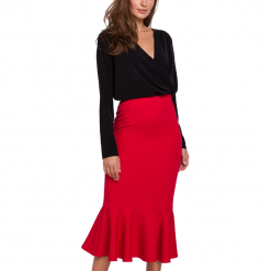 Elegancka ołówkowa spódnica midi zakończona falbaną. Spódniczki damskie Sukienki.shop, l, bez wzorów, z elastanu, biznesowe, midi, dopasowane. Za 89.00 zł.