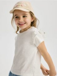 Bawełniany t-shirt z falbankami - złamana biel. Koszulki dziewczęce Reserved, m, bez wzorów, z bawełny, bez ramiączek. W wyprzedaży za 15.99 zł.
