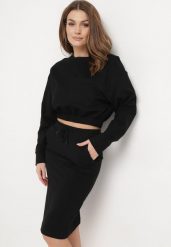 Czarny Casualowy Komplet z Bawełny Krótka Bluza i Spódnica z Gumką w Pasie i Kieszeniami Ginkara. Czarne bluzy bez kaptura damskie Born2be, m, z bawełny. Za 109.99 zł.