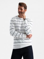 Męski casualowy sweter w poziome paski – kremowy V2 OM-SWSW-0143 - XXL. Białe swetry męskie Ombre Clothing, l, z aplikacjami, z bawełny, bez kołnierzyka. W wyprzedaży za 79.99 zł.
