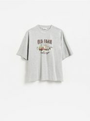 T-shirt boxy z nadrukiem - jasnoszary. Szare t-shirty męskie Reserved, l, bez wzorów, z bawełny, bez kołnierzyka. Za 69.99 zł.