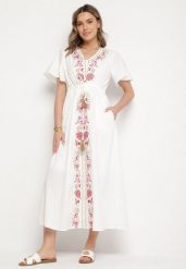 Biała Bawełniana Sukienka Boho o Rozkloszowanym Kroju z Haftem i Frędzlami Modixa. Białe sukienki damskie Born2be, na co dzień, l, z aplikacjami, z bawełny, boho, bez kołnierzyka, bez ramiączek, maxi, rozkloszowane. W wyprzedaży za 119.99 zł.