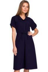 Sukienka koszulowa trapezowa granatowa szmizjerka z wiązaniem. Sukienki damskie Sukienki.shop, do pracy, xxl, bez wzorów, biznesowe, bez kołnierzyka, bez ramiączek, koszulowe. Za 289.00 zł.