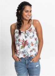 Top shirtowy w kwiaty. Niebieskie topy damskie bonprix, bez wzorów, z koronki, bez kołnierzyka. Za 79.99 zł.