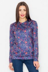 Granatowa Klasyczna Bluza w Kolorowe Kwiaty. Bluzy bez kaptura damskie Figl, l, z materiału. Za 209.00 zł.