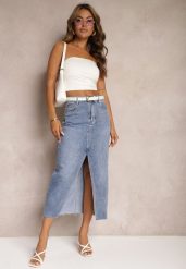 Niebieska Jeansowa Spódnica Midi Abexa. Niebieskie spódniczki damskie Renee, s, z aplikacjami, z jeansu, eleganckie, z podwyższonym stanem, midi. Za 69.99 zł.