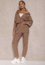 Brązowy Komplet Dresowy Utility Bluza Rozpinana i Spodnie z Kieszeniami Telinoria. Brązowe bluzy bez kaptura damskie Renee, m, z dresówki. Za 74.99 zł.