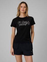 4F T-shirt regular z nadrukiem damski - czarny L. Czarne t-shirty damskie 4f, l, bez wzorów, z bawełny, bez kołnierzyka. Za 59.99 zł.