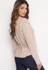 Beżowa Bawełniana Bluza z Długim Rękawem i Ozdobnym Wiązaniem Pinada. Brązowe bluzy bez kaptura damskie Born2be, z bawełny. Za 84.99 zł.