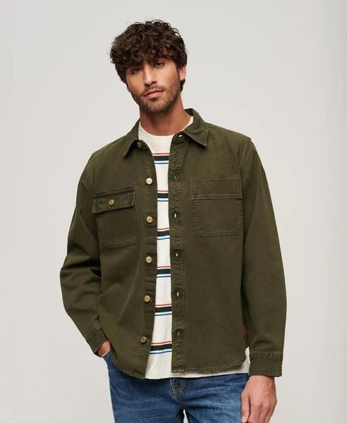 Superdry Surplus Canvas Overshirt — męska koszula z płótna, olive Khaki. Zielone koszule męskie Superdry., m, bez wzorów, z bawełny, bez kołnierzyka, bez ramiączek. Za 430.25 zł.