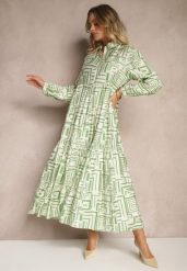 Zielona Rozkloszowana Sukienka z Wiskozą w Geometryczny Print Apirestia. Zielone sukienki damskie Renee, na co dzień, l, bez wzorów, z wiskozy, eleganckie, bez kołnierzyka, bez ramiączek, maxi, proste. Za 129.99 zł.